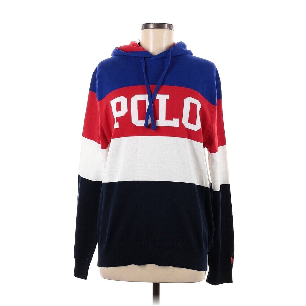 POLO RALPH LAUREN Red Blue Multi Colorblock Logo Pullover Hoodie Sweatshirt - M